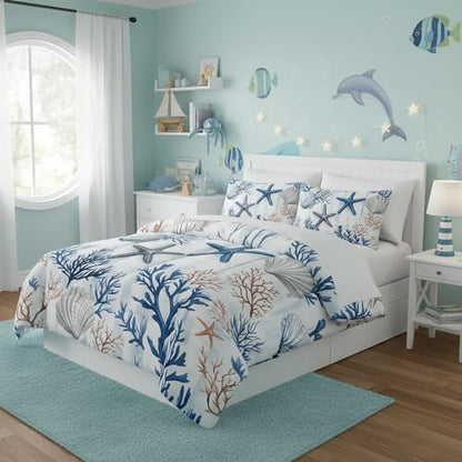 QOOMO Coastal 7 Pieces Comforter Set Queen Size,Coral Starfish Bedding Set