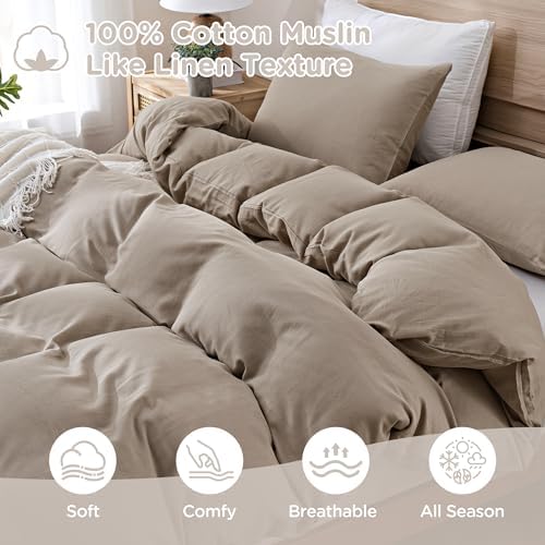 TOCOMOA 100% Muslin Cotton Duvet Cover Set, Taupe, Queen