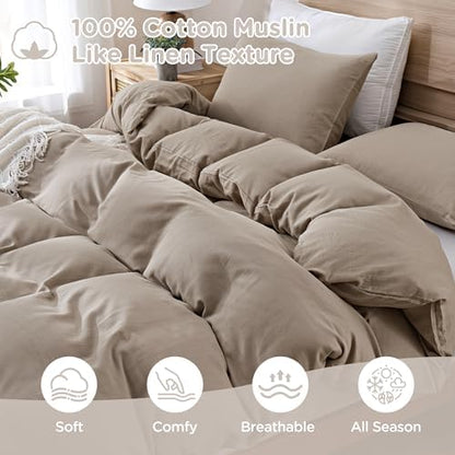 TOCOMOA 100% Muslin Cotton Duvet Cover Set, Taupe, Queen