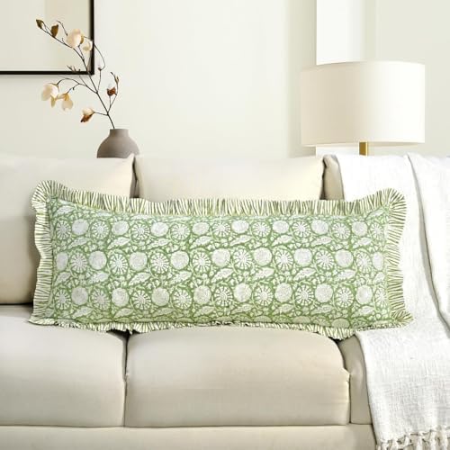 CPC Block Print Olive Bloom Ruffle Cotton Lumbar Pillow Cover 14x36 inch