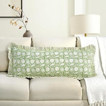 CPC Block Print Olive Bloom Ruffle Cotton Lumbar Pillow Cover 14x36 inch