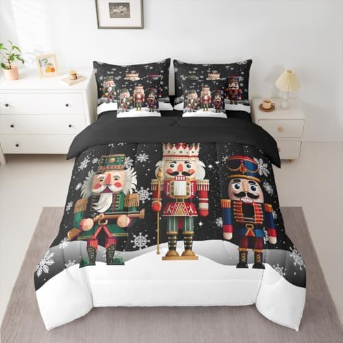 Erosebridal Xmas Nutcracker 7 Piece Bedding Set Twin Soldier Comforter Set with Sheets Christmas Black White Bed in a Bag Cute Snowflakes Bed Sets Comforter