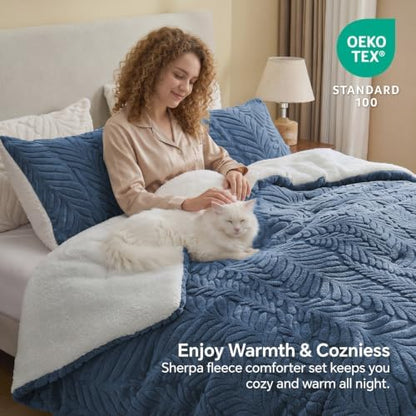 BEDELITE Fluffy Sherpa Queen Comforter Set,Leaf-Navy