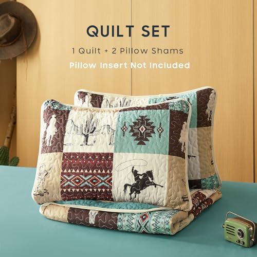Wake In Cloud - Western Quilt Set, Southwestern Aztec Country Horse Cowboy Rustic Ranch Pattern Printed, Reversible Lightweight Bedspread Coverlet, 3 Pieces, Turquoise Taupe, King Size