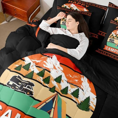 Erosebridal Camper Rv King Size Comforter Set with Sheets Happy Camping Boys 7-Piece Bedding Set Rustic Farmhouse Bed in A Bag Vintage Pine Trees Bed Sets for Kids Teens Youth Men Adult