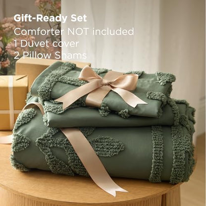 Bedsure Boho Duvet Cover Queen, Vintage Tufted Bedding,3-Piece, Olive Green