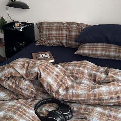 LifeTB Vintage Buffalo Plaid Duvet Cover Set King, Retro Brown&Blue Plaid Checkered Comforter Cover with 2 Pillowcases, 100% Washed Cotton Grid Duvet Cover Breathable Farmhouse Gingham Bedding Set
