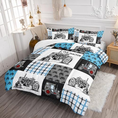 Axolotl Tractor Comforter Set King Size,Cartoon Truck Car Comforter Set for Boys,Farm Excavator Bedding with Old Tractor for Kids Boys Teens Adults,All Season,1 Quilt 2 Pillowcases