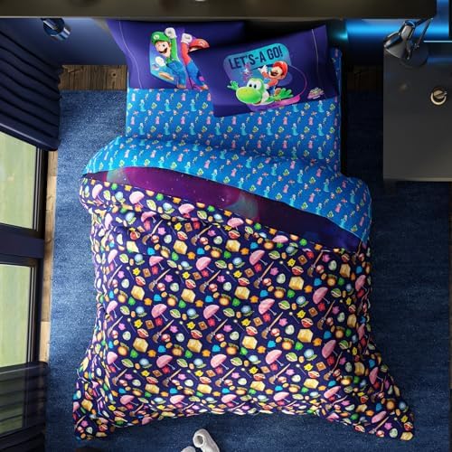 The Super Mario Galaxy Movie Bedding Set, Twin Size 4 Piece Kids Super Soft Cozy Reversible Comforter and Sheet Set, (Officially Licensed Product) By Franco