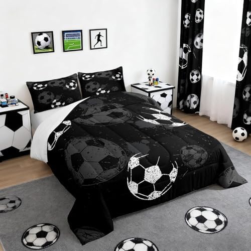 Castle Fairy Football Bedding King Size Soccer Comforter Sets for Boys Sports Ball Game Themed Room Decor Kids Teens Black Grey Microfiber All-Season Down Comforter 3 Piece with 2 Pillow Shams