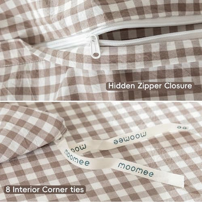 MooMee Gingham Duvet Cover Set 100% Washed Cotton Linen Like