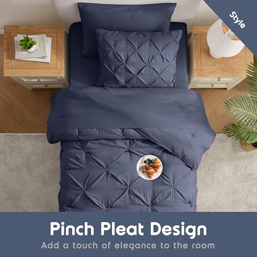 Nestl 7 Piece Twin Comforter Set – Navy Pinch Pleated Bed in a Bag – Complete Twin Size Bedding Set with Sheets, Set of 2 Cooling Pillows, Pillowcase and Sham