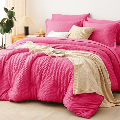 CozyLux Queen Comforter Set, 7 Pieces Hot Pink Seersucker Bed in a Bag