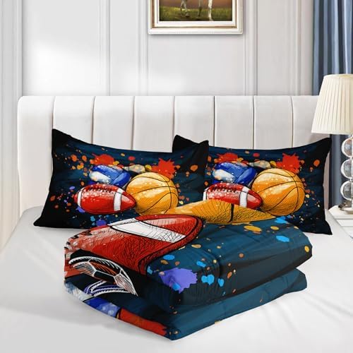 Axolotl Ball Game Bedding Set King Size,3 Piece Basketball Volleyball Comforter Set,Cartoon Soccer Football Sports Bedding,Colorful Ball Sport Bed for Kids Boys Teens,1 Quilt 2 Pillowcases