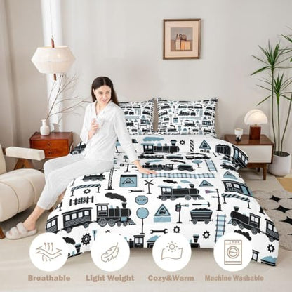 Feelyou Train Comforter Set Full Size Cartoon Car Bedding Set for Kids Boys Girls Cute Vehicle Duvet Quilt Bedroom Decor Microfiber 3 Pcs with 2 Pillow Cases