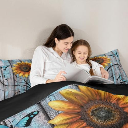 Yellow Sunflower Comforter Set King,Butterfly Bedding Set Rustic Farmhouse Wooden Board Down Comforter for Kids Girls Teens Women,Country Retro Floral Quilt Duvet Sets 2 Pillow Cases Blue Grey