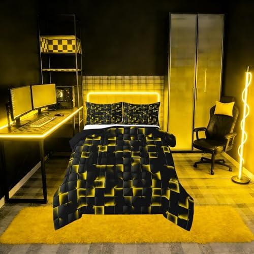 Erosebridal Geometric Checkered Comforter King Size Neon Black Gold Comforter Set for Kids Teen Men Gaming Room Decor,Abstract Ombre Plaid Bedding Set Grids Quilt Duvet