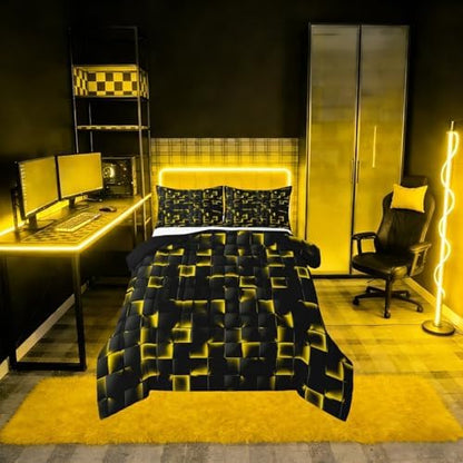 Erosebridal Geometric Checkered Comforter King Size Neon Black Gold Comforter Set for Kids Teen Men Gaming Room Decor,Abstract Ombre Plaid Bedding Set Grids Quilt Duvet