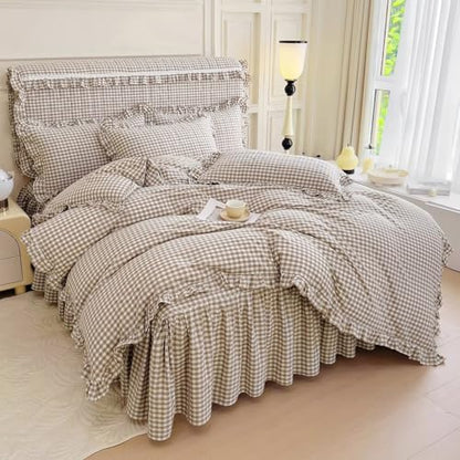 mixinni Vintage Ruffle Tan Gingham Comforter Set 3-Piece Washed Cotton Twin XL Beige Grid Bedding Set with Taupe Geometric Checkered Pattern, Farmhouse Chic Soft Fluffy Comforter for All-Season