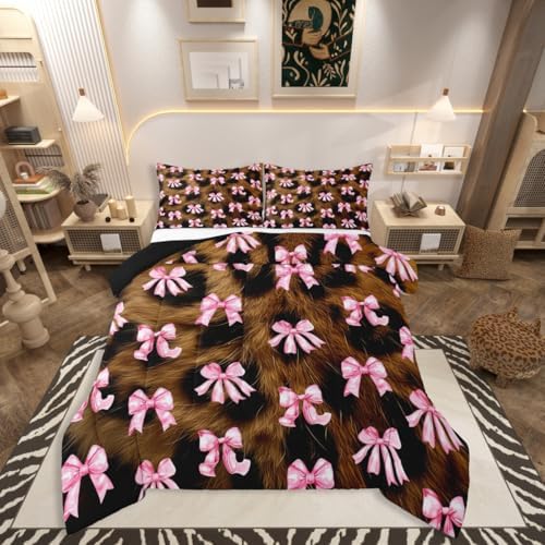 jejeloiu Bowknot Comforter Set King Size Pink Bow Bedding Set for Kids Boys Girls Colourful Bowknot Duvet Quilt Bow-tie Bedroom Decor Microfiber 3 Pcs with 2 Pillow Cases
