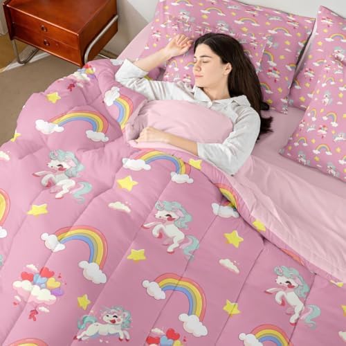 Erosebridal Cute Unicorn King Bed in A Bag 7 Piece Rainbow Unicorn Comforter Set with Sheets Dreamy Horse Printed Bedding Sets for Girls Teens Women,Magical Animal Decor Bed Set