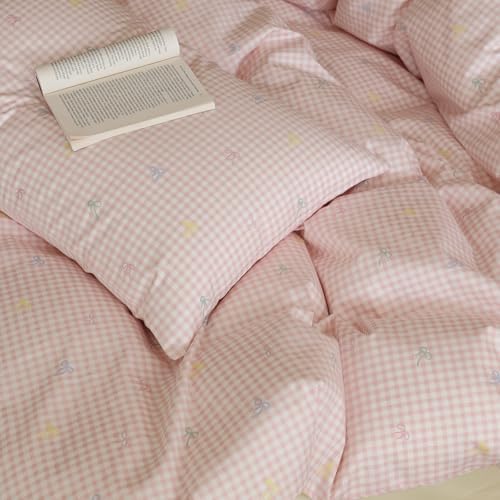LifeTB Bowknot Duvet Cover Full Size 100% Cotton Pink Gingham Duvet Cover Colorful Bow Bedding Set Soft Breathable Plaid Checkered Comforter Cover with 2 Pillowcases Cute Grid Gingham Bedding Set