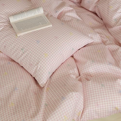 LifeTB Bowknot Duvet Cover Full Size 100% Cotton Pink Gingham Duvet Cover Colorful Bow Bedding Set Soft Breathable Plaid Checkered Comforter Cover with 2 Pillowcases Cute Grid Gingham Bedding Set
