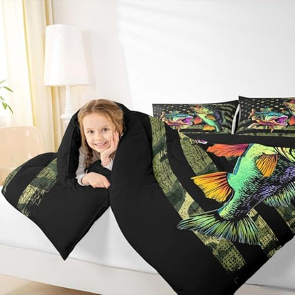 Castle Fairy Bass Fish Camouflage Comforter Set King Size Pike Fish Camo Bedding Set for Kids Boys Men Room Kids Farmhouse Fishing Decor Comforter Fishman Wild Quilt Set Down Comforter Green Black