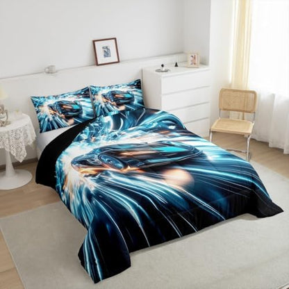 Erosebridal Toddler Boys Race Car Bedding Set Twin Size,Extreme Sports Gaming Themed Comforter with Aqua Teal Gradient Stripes & Black,Cool Speed Carro Racing Car Kids Room Decor Quilt for Kids Teen