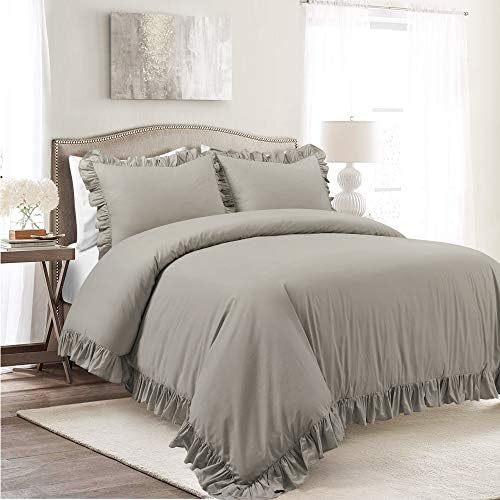 Lush Decor Reyna Ruffle Cotton Duvet Cover Set 3 Piece Set King, Gray - King Size Bedding Set - Gray Duvet King- Ruffled Bedding - Coquette Decor