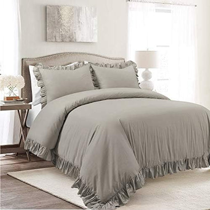 Lush Decor Reyna Ruffle Cotton Duvet Cover Set 3 Piece Set King, Gray - King Size Bedding Set - Gray Duvet King- Ruffled Bedding - Coquette Decor