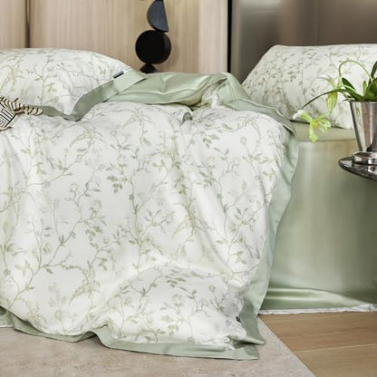 VM VOUGEMARKET Green Flower Duvet Cover Twin Cooling Lyocell Comfoter Cover Set for Hot Sleeper,Moisture Wicking Silky Bedding Set-Mint Green