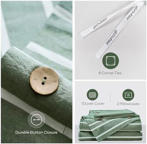 JELLYMONI Cotton Duvet Cover Cal King Size - Green Striped Comforter Cover with Button 100% Washed Cotton 3PCS Breathable Soft Bedding Set Duvet Cover 104×98in & 2 Pillowcases (NO Comforter)
