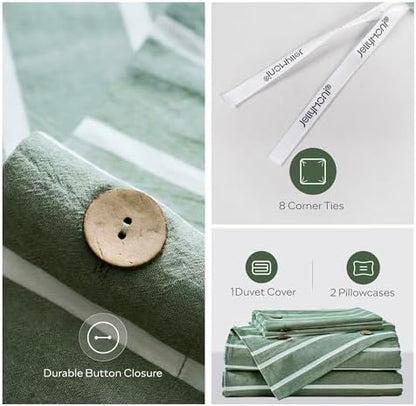 JELLYMONI Cotton Duvet Cover Cal King Size - Green Striped Comforter Cover with Button 100% Washed Cotton 3PCS Breathable Soft Bedding Set Duvet Cover 104×98in & 2 Pillowcases (NO Comforter)