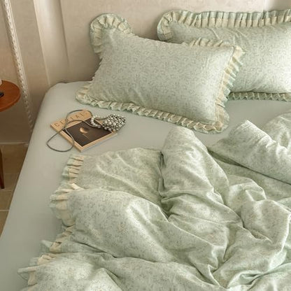VM VOUGEMARKET Sage Green Duvet Cover Queen with Chic Flower Pattern Soft Muslin Cotton Bedding Set with Ruffles,Soft,Breathable Linen Like Gauze Comforter Cover with Zipper Closure 90"x90"