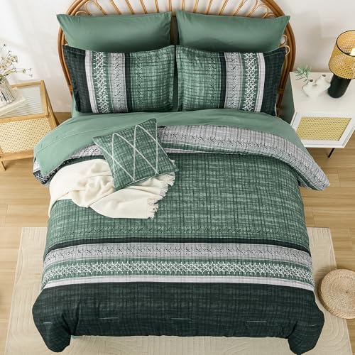 Dintszyayue Green Comforter Set Queen Size, 8 Pieces Boho Striped Bed in a Bag Soft Microfiber Bedding Set for All Season