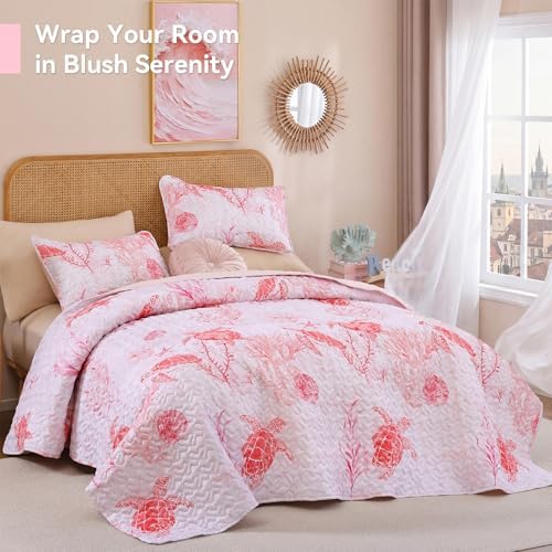 weigelia Coastal Quilt Bedding Set King Size - Lightweight Summer Bedspread in Pink Sea Turtle Coastal Decor, Soft Nautical Comforter for All Season for Coquette Room Decor Bedroom