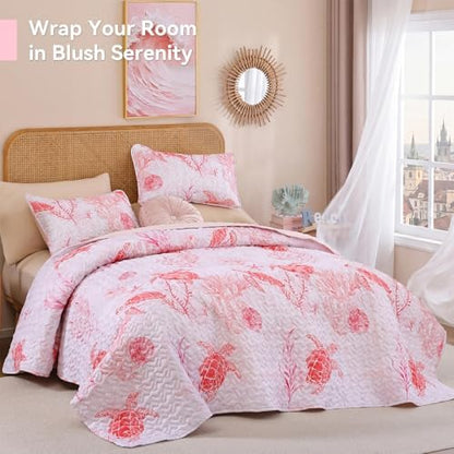 weigelia Coastal Quilt Bedding Set King Size - Lightweight Summer Bedspread in Pink Sea Turtle Coastal Decor, Soft Nautical Comforter for All Season for Coquette Room Decor Bedroom
