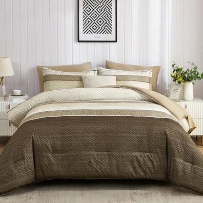 Comforter Set Queen Size 7 Piece Bed in a Bag Boho Chocolate Brown Striped Bedding Set Soft Microfiber Comforter and Sheet Set for All Season (Queen, 90"x90")
