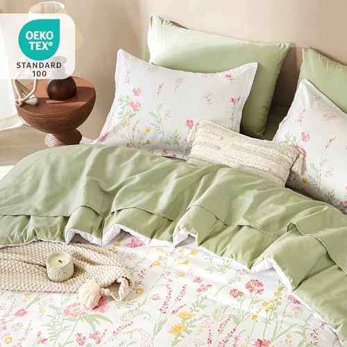 Yiran 7 Piece Pink Green Floral Comforter Set King Size, Cute Botanical Comforters Lightweight Coquette Bedding Set Flower Bed in a Bag Soft Farmhouse Bedding Set with Sheets for Women
