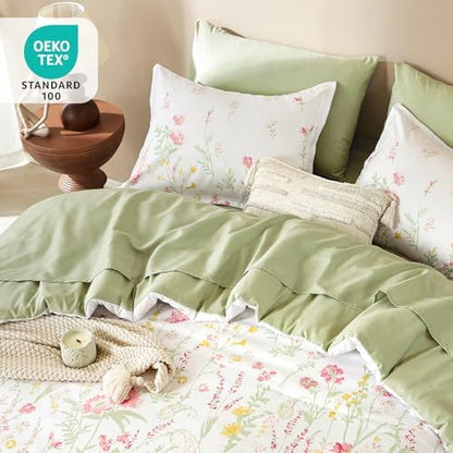Yiran 7 Piece Pink Green Floral Comforter Set King Size, Cute Botanical Comforters Lightweight Coquette Bedding Set Flower Bed in a Bag Soft Farmhouse Bedding Set with Sheets for Women