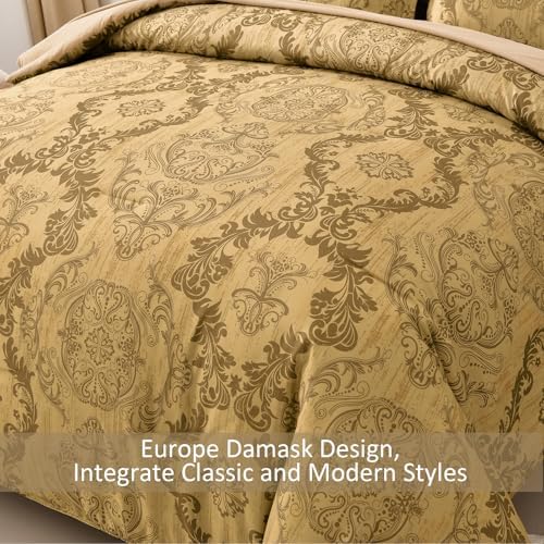 WONGS BEDDING Gold Comforter Set Queen Size, Damask Texture Design 7 Pieces Bed in a Bag Microfiber Comforter Bedding Sets -1 Comforter, 1 Flat Sheet, 1 Fitted Sheet, 2 Pillow Shams, 2 Pillowcases