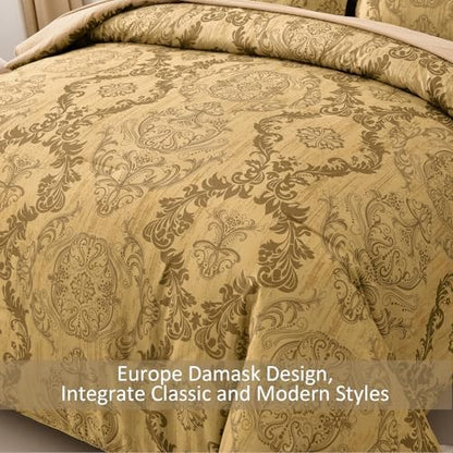 WONGS BEDDING Gold Comforter Set Queen Size, Damask Texture Design 7 Pieces Bed in a Bag Microfiber Comforter Bedding Sets -1 Comforter, 1 Flat Sheet, 1 Fitted Sheet, 2 Pillow Shams, 2 Pillowcases