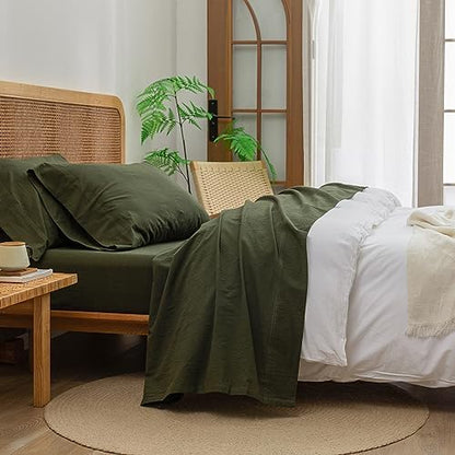 BESTOUCH Twin Washed Cotton Linen Feel Sheet Set 3pc Solid Olive Green