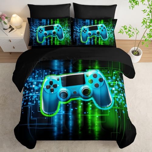 7pcs Gamer Comforter Set 3D Gamepad Printed Bedding Set with 1 Comforter, 1 Flat Sheet, 1 Fitted Sheet and 4 Pillowcases for Boys and Girls Bedroom (Gamepad King