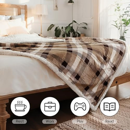 Electric Heated Blanket Full Size 72"x84", 10H Auto-Off, Brown Plaid