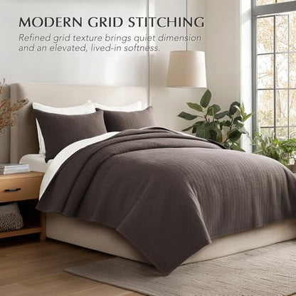 EverGrace 100% Cotton Modern Grid Stitch Quilt Set, King Size, Dark Brown
