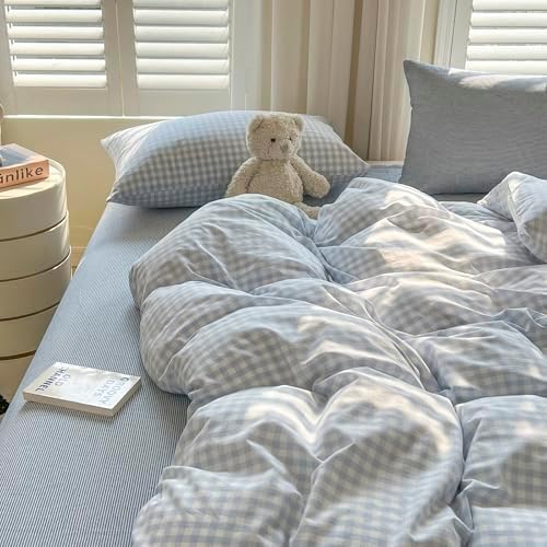 mixinni Light Blue Gingham Duvet Cover Set King Size - 100% Washed Cotton 3 Piece Plaid Checkered Bedding Set, Soft Comfy Grid Farmhouse Comforter Cover with Zipper Closure & Corner Ties