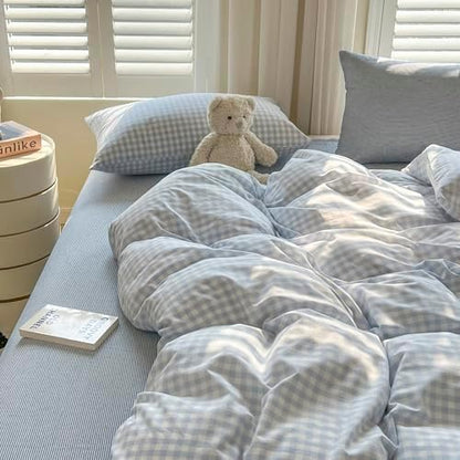 mixinni Light Blue Gingham Duvet Cover Set King Size - 100% Washed Cotton 3 Piece Plaid Checkered Bedding Set, Soft Comfy Grid Farmhouse Comforter Cover with Zipper Closure & Corner Ties