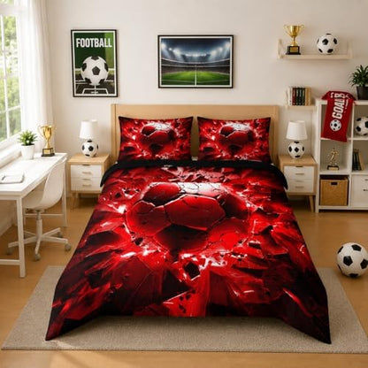 Nttopship Soccer Bedding Comforter Set Full Size for Kids Teens and Adults, Red and Black Football Printed Bedding Sets 3 PCS,Ball Sports Themed Bedroom Decor with 1 Comforter and 2 Pillowcases